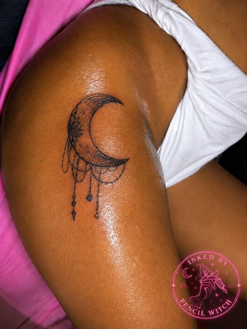 Fine line crescent moon with mandala detailing